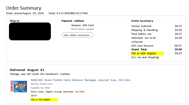 Yellow highlights mark the FSA or HSA Eligible tag beside the item and the eligible expenses total at the bottom