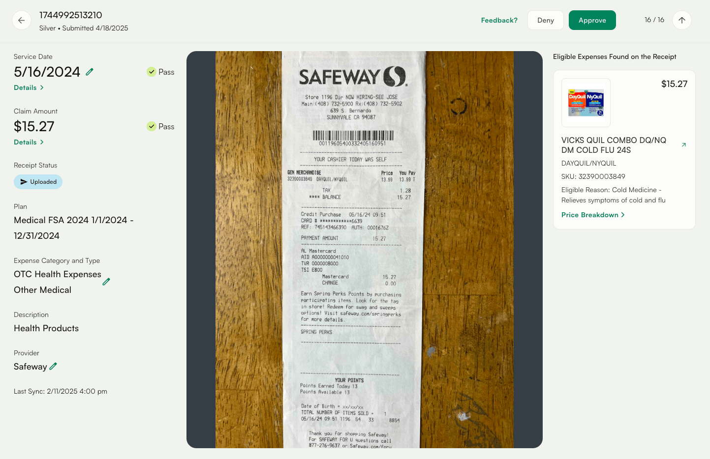 The Silver claim review screen, with a Safeway receipt beside the claim details and the eligible expense Silver found on it