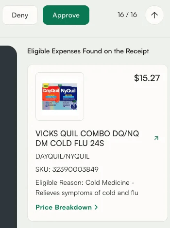 A claim in the Silver dashboard: the reviewer's Deny and Approve buttons above the eligible expense Silver found on the receipt, DayQuil/NyQuil, SKU 32390003849, Cold Medicine, $15.27