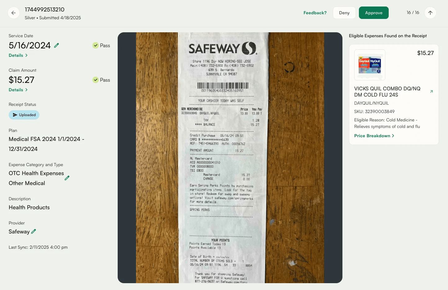 The Silver adjudication screen, with claim details, the submitted Safeway receipt and the eligible expense found side by side