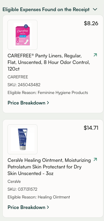 Two eligible expenses Silver found on a claim's receipt in the Silver Claim Dashboard: CAREFREE Panty Liners, $8.26, eligible as Feminine Hygiene Products, and CeraVe Healing Ointment, $14.71, eligible as Healing Ointment