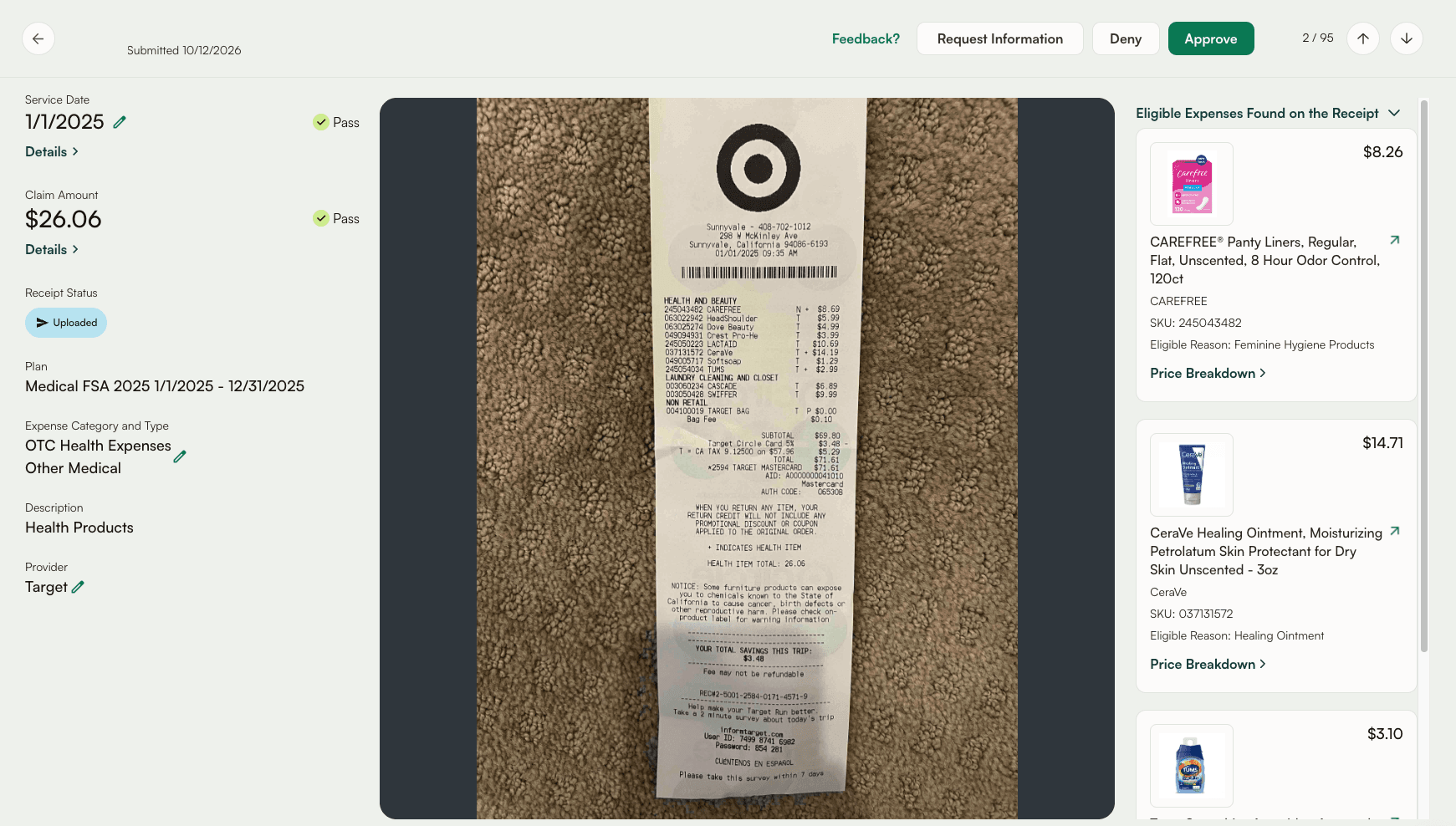 A claim in the Silver Claim Dashboard: its service date and amount marked Pass, its plan and expense category, the photographed Target receipt, the eligible expenses Silver found on the receipt, and the Request Information, Deny and Approve buttons