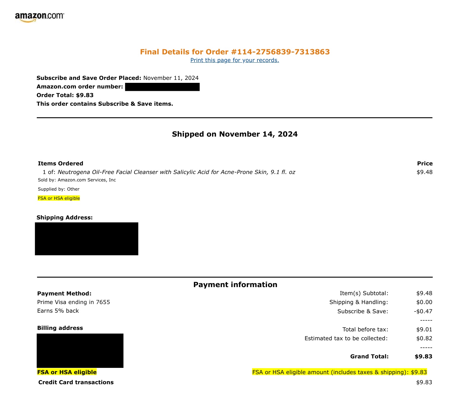 Yellow highlights mark the FSA or HSA Eligible tag beside the item and the eligible expenses total at the bottom